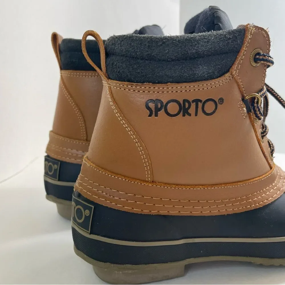 Sporto Duck Boots Thermolite Navy Tan Leather Lace Up Insulated‎ Lining